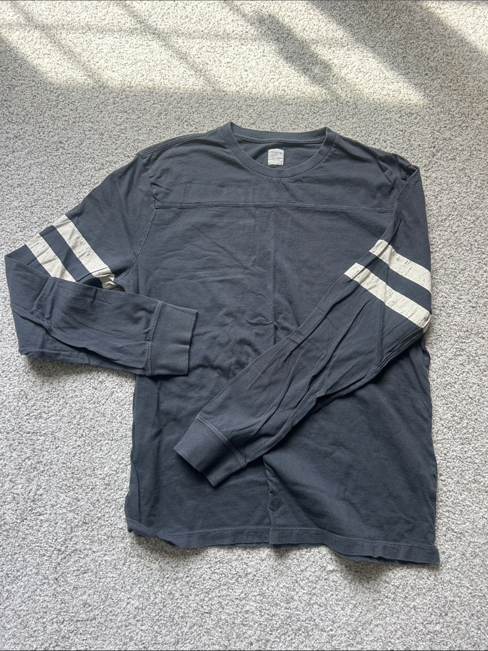 J. Crew Navy Long Sleeve Crewneck with White Sleeve Stripes